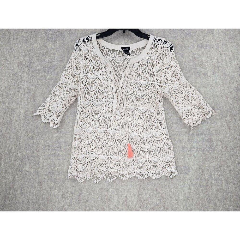 Rue21 Womens XL Crochet Lace Blouse Ivory Tassel Accent Semi-Sheer Boho Style